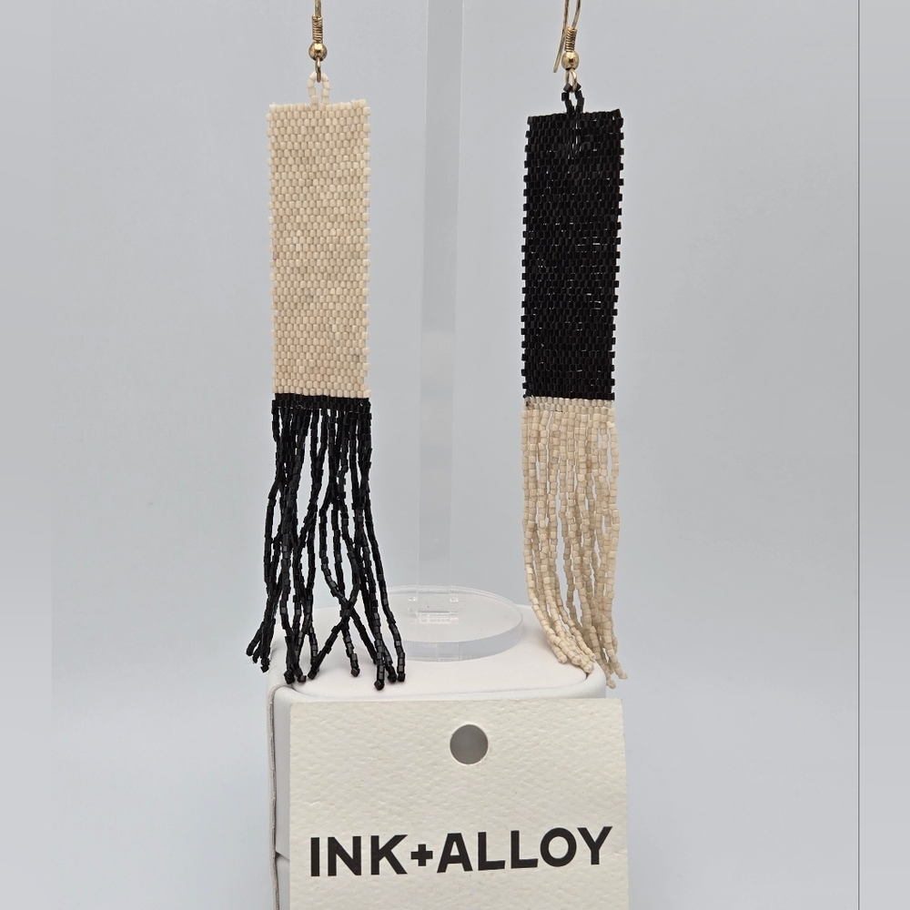 INK+ALLOY Black & Cream Two-Tone Beaded Fringe Earrings